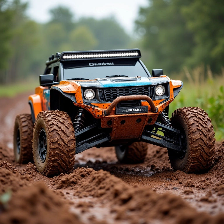 Veículo off-road atravessando trilha de lama.