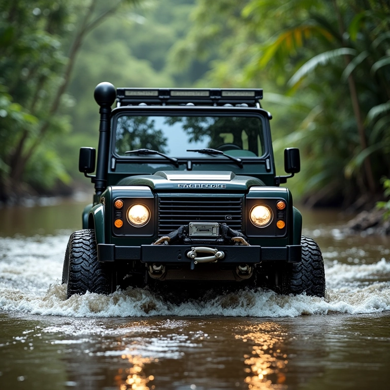 Veículo off road com snorkel atravessando rio raso em trilha no Rio de Janeiro.