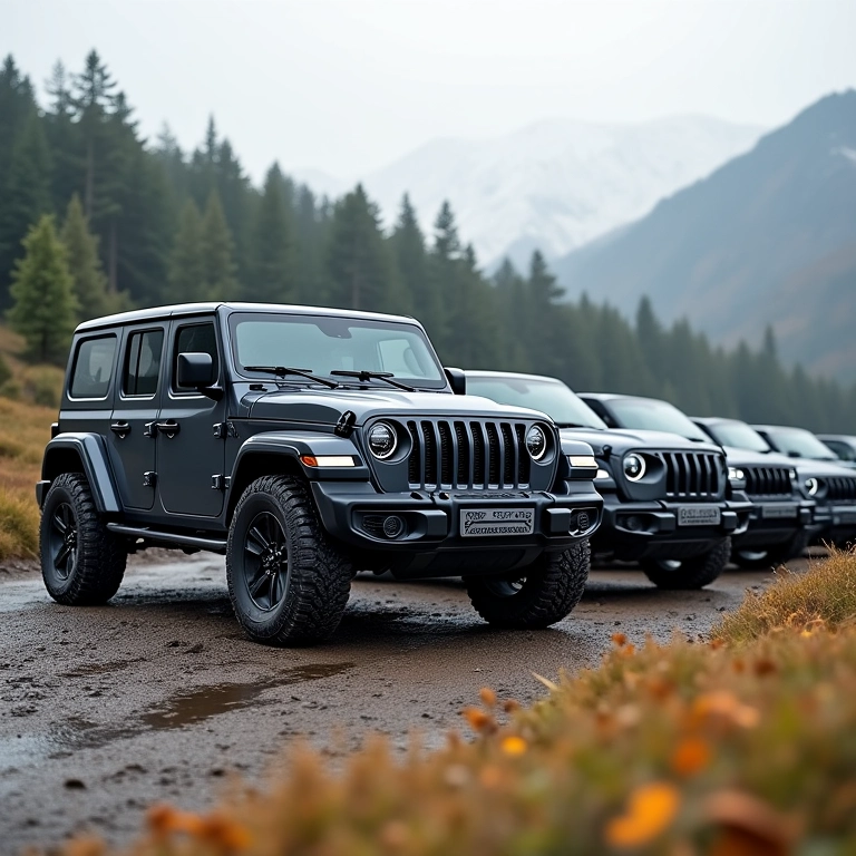 Veículos 4x4 estacionados em diferentes terrenos.
