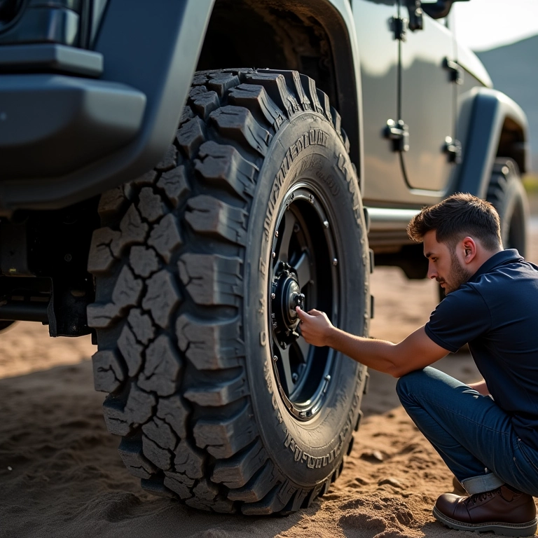 Verificando a pressão dos pneus de um 4x4 antes de entrar na lama.