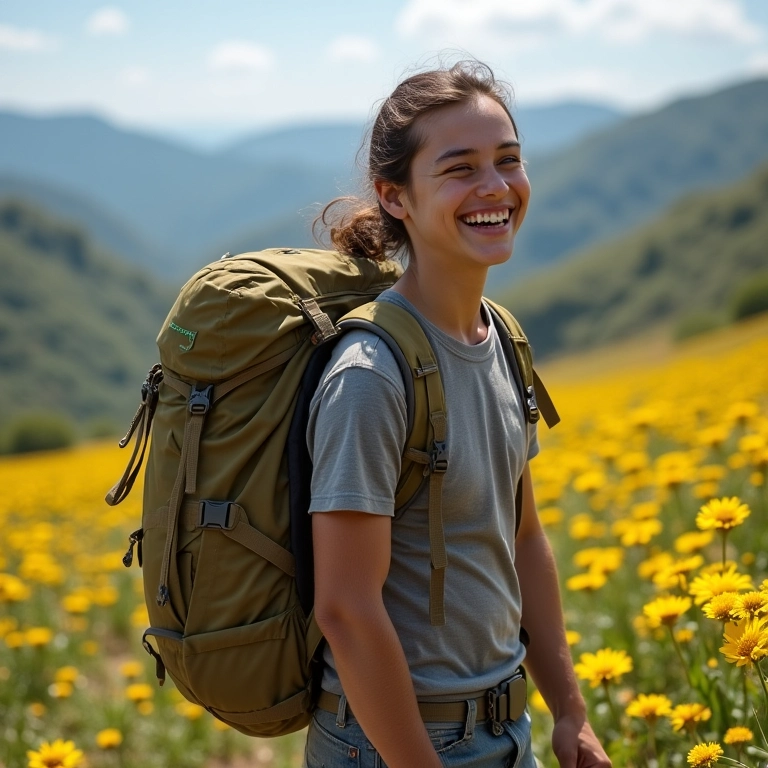 Viajante sorrindo com mochila confortável em trilha brasileira.