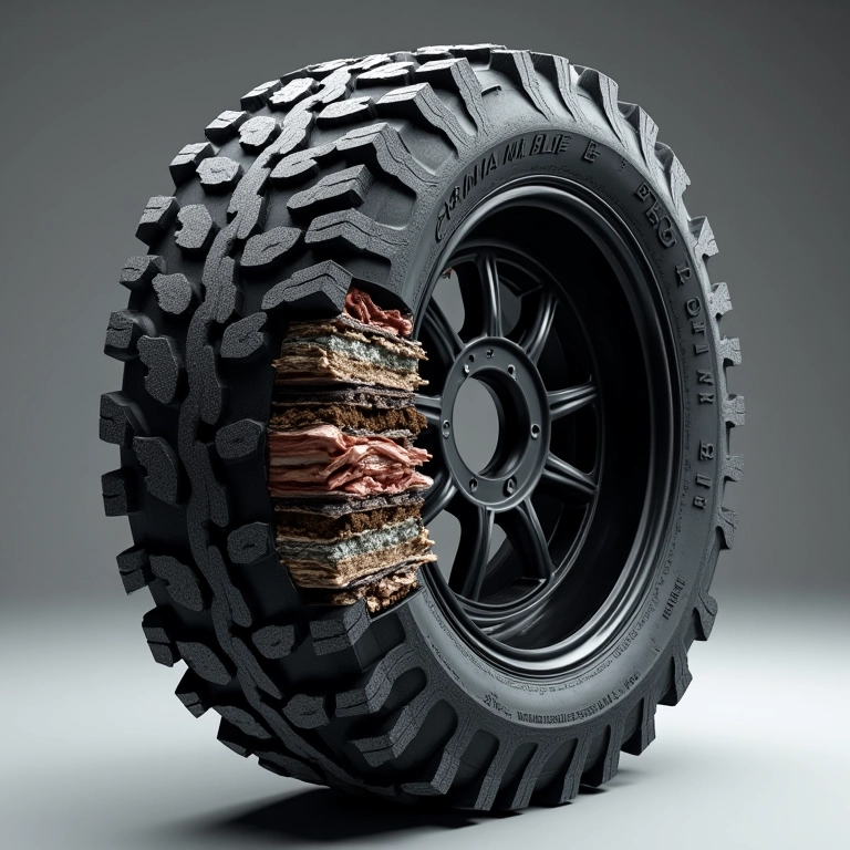 Visão interna de um pneu off-road mostrando sua construção.
