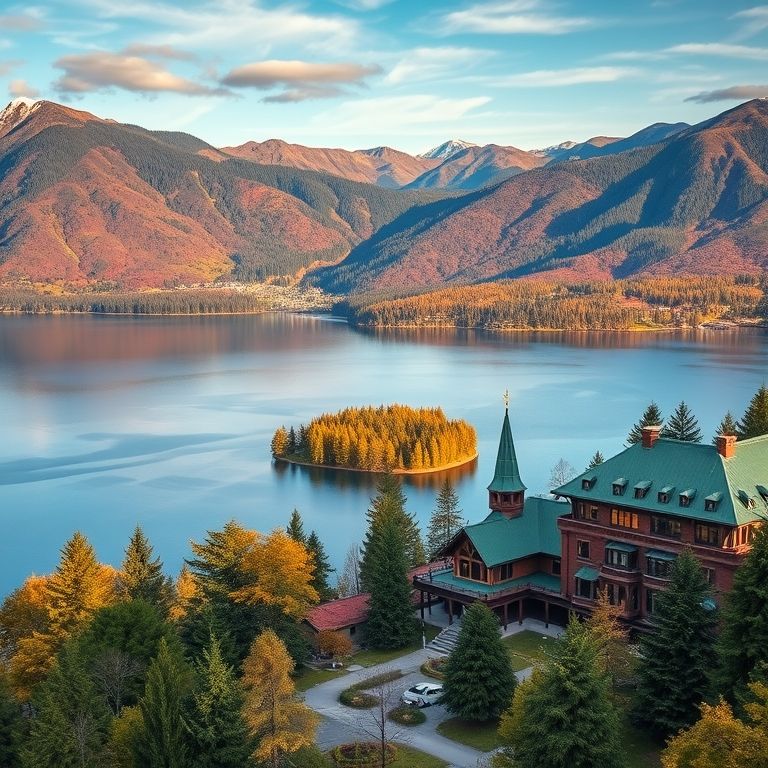 Vista do Hotel Llao Llao em Bariloche com o lago Nahuel Huapi e cores de outono.