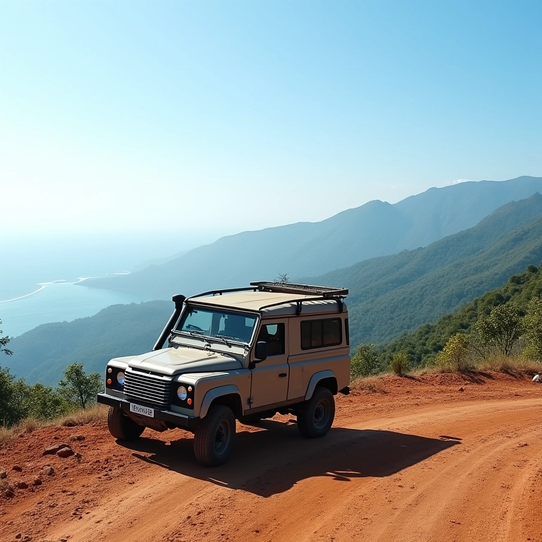 Vista panorâmica do Cânion Fortaleza a partir do mirante com um veículo 4x4.