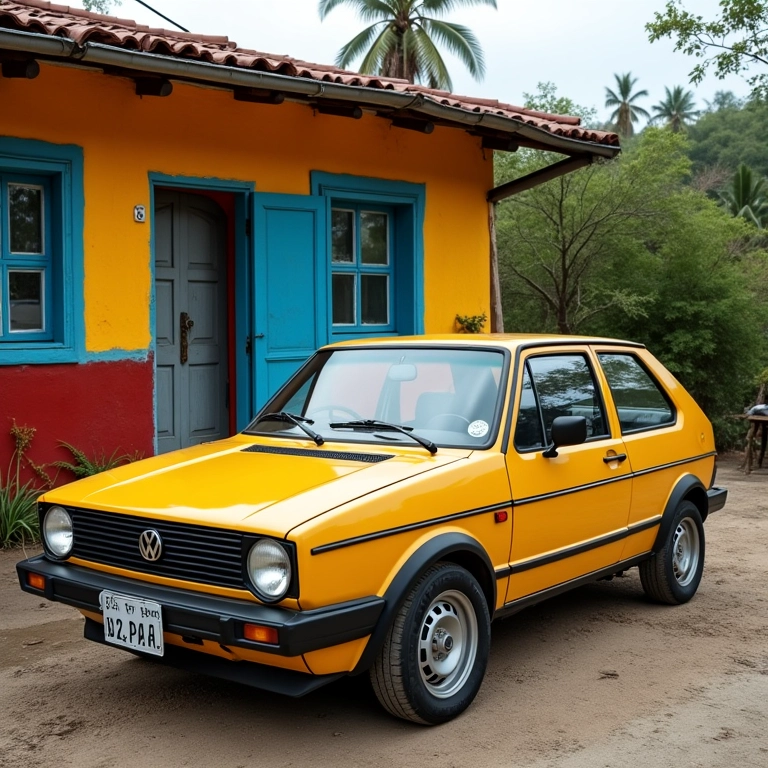 VW Gol G4 clássico estacionado em frente a uma casa brasileira.