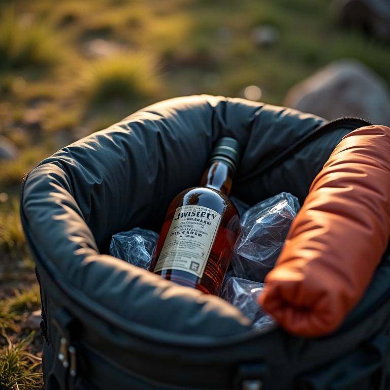 Whisky conservado em bolsa térmica com gelo.