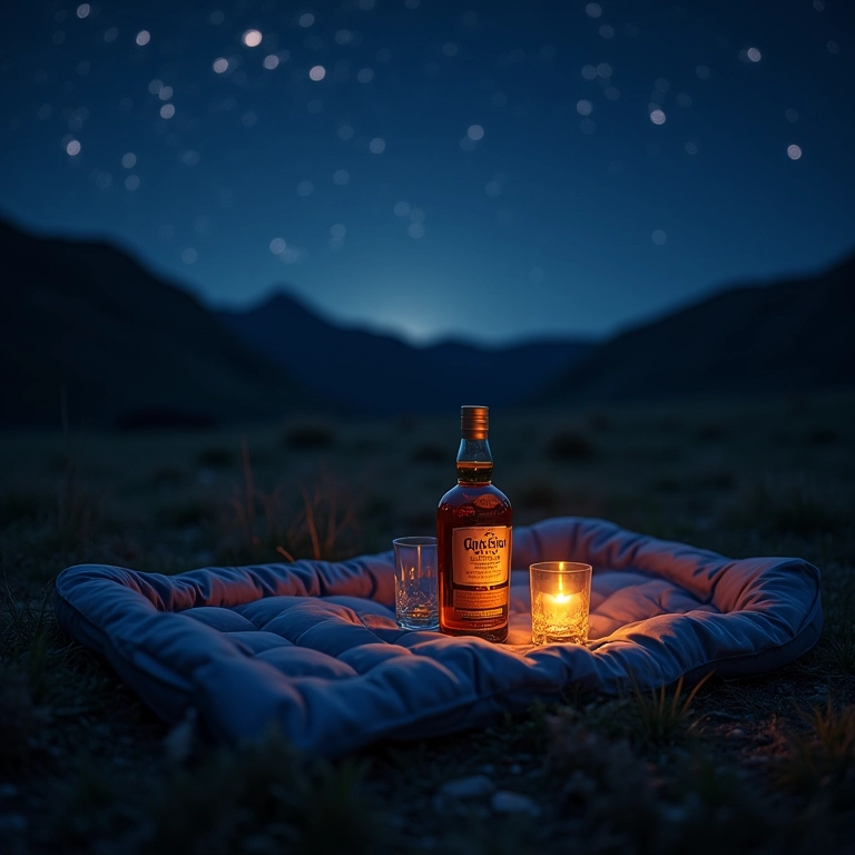 Whisky e colchão inflável sob as estrelas, ambiente aconchegante.