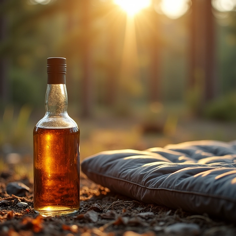 Whisky envelhecido próximo a um colchão de camping.