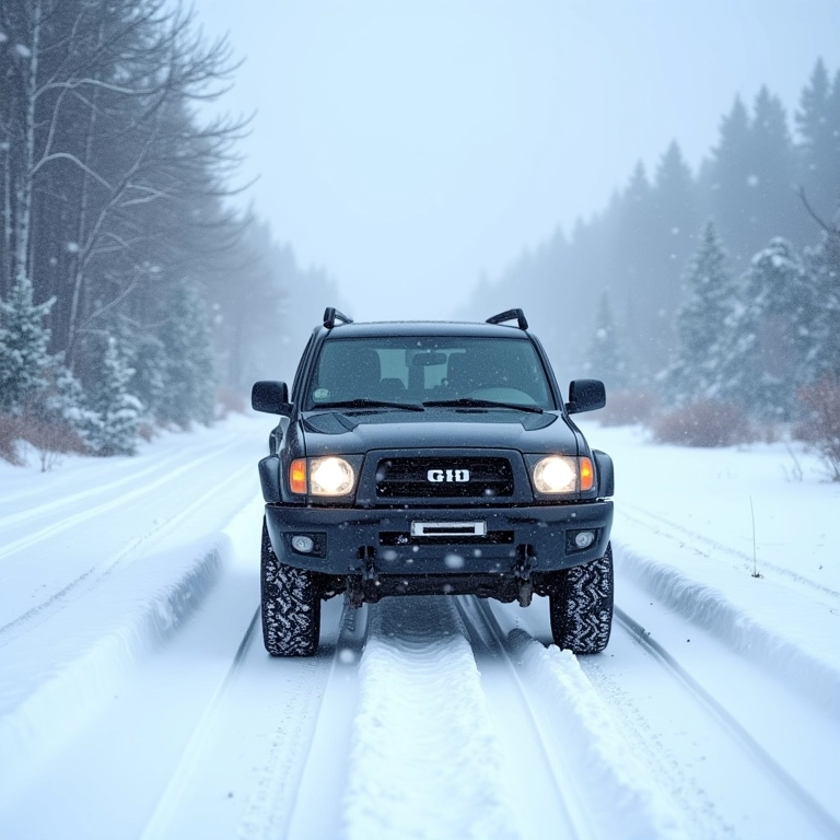 4x4 dirigindo lentamente em estrada com neve.