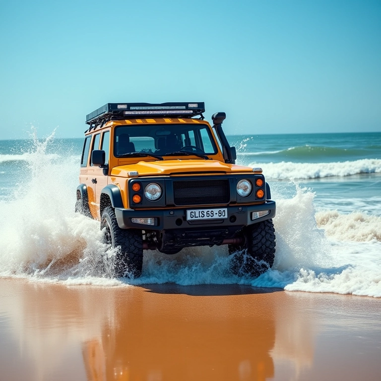 4x4 dirigindo na praia, sol forte, mar azul