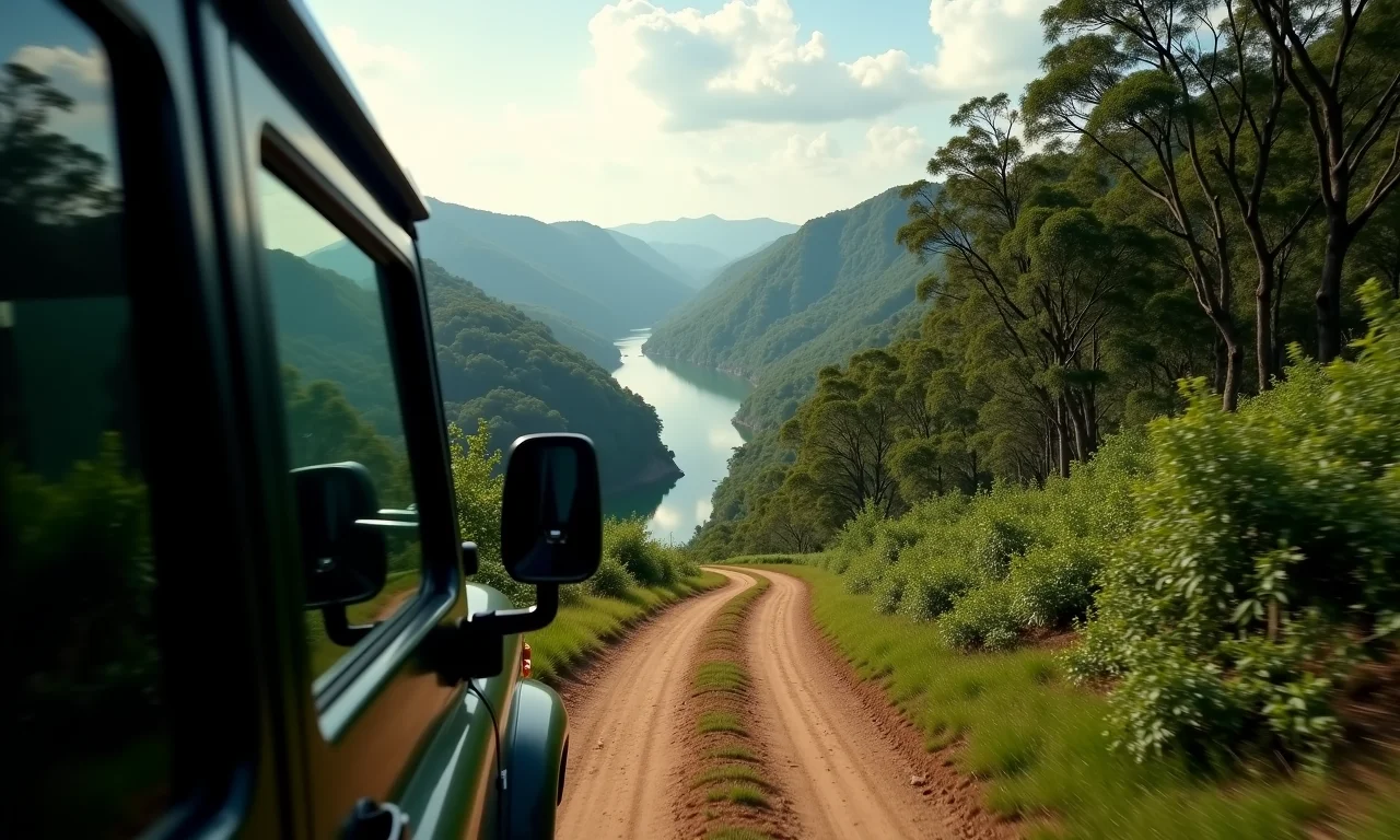 4x4 dirigindo na Trilha do Paraopeba, com o rio Paraopeba ao fundo.