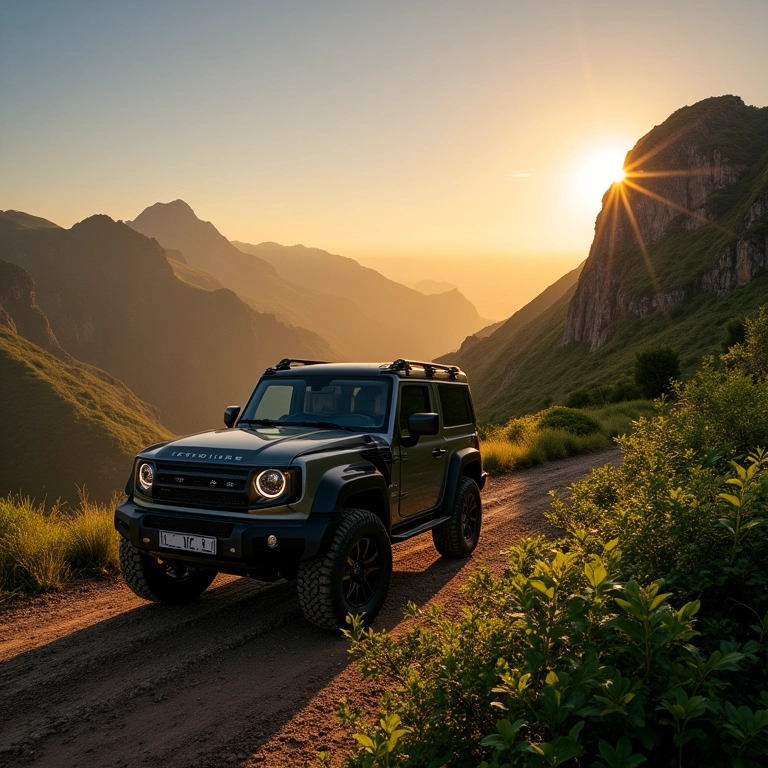4x4 estacionado com a imponente Serra do Tepequém ao fundo.