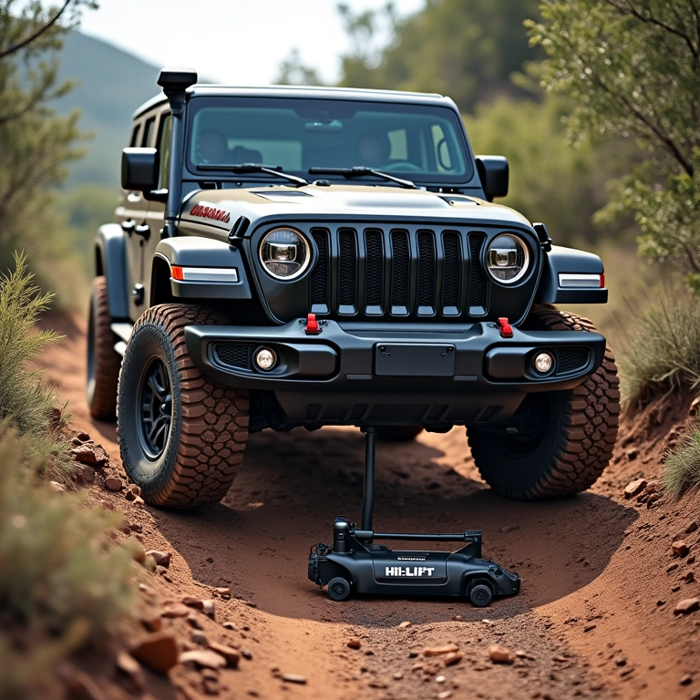 4x4 sendo reparado em trilha off-road com macaco Hi-Lift.