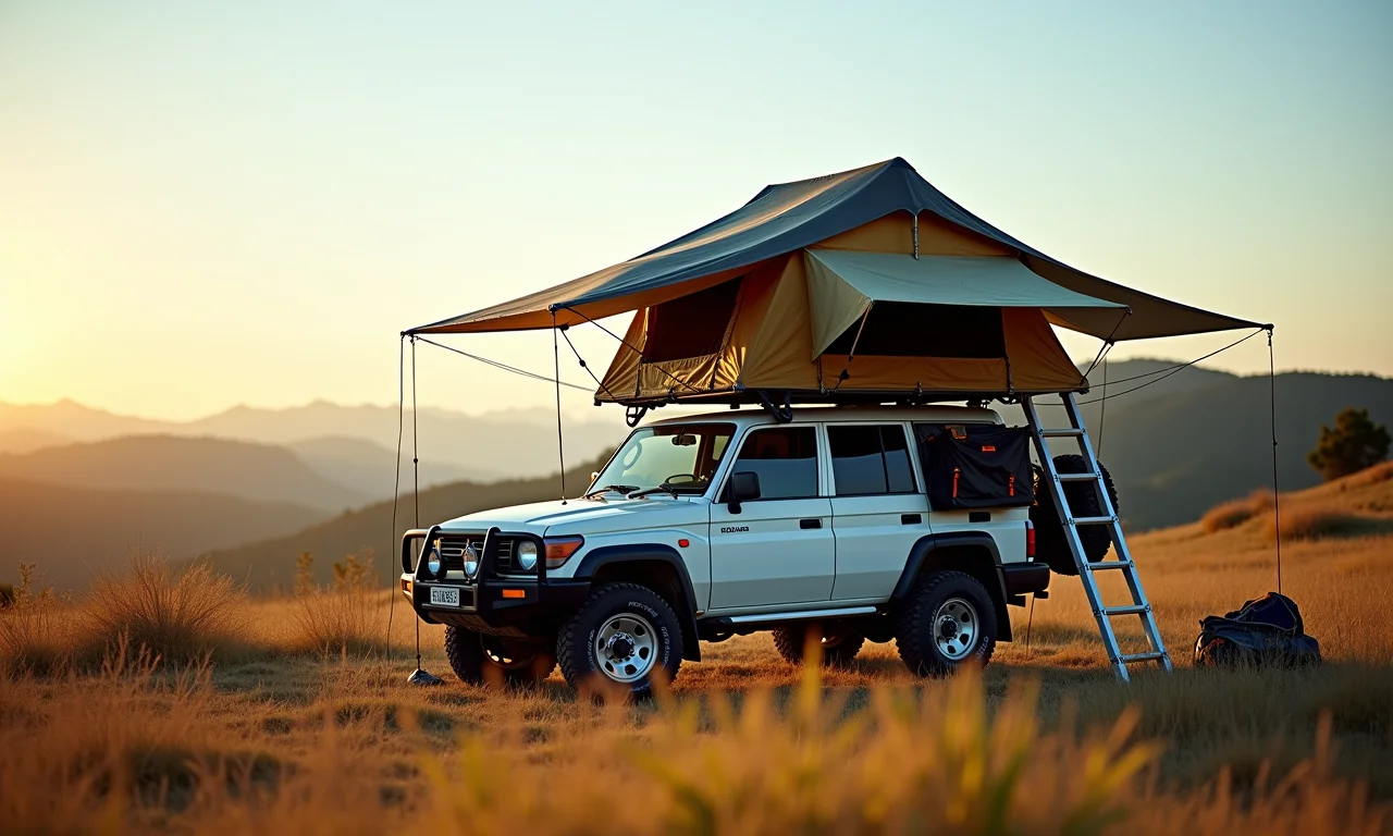 Acampamento com carro 4x4 em paisagem brasileira com barraca de teto e equipamentos.
