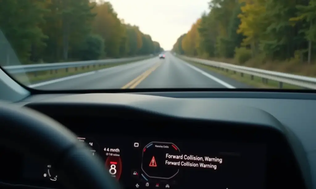 Alerta de Colisão Frontal ativado no painel de um carro moderno.