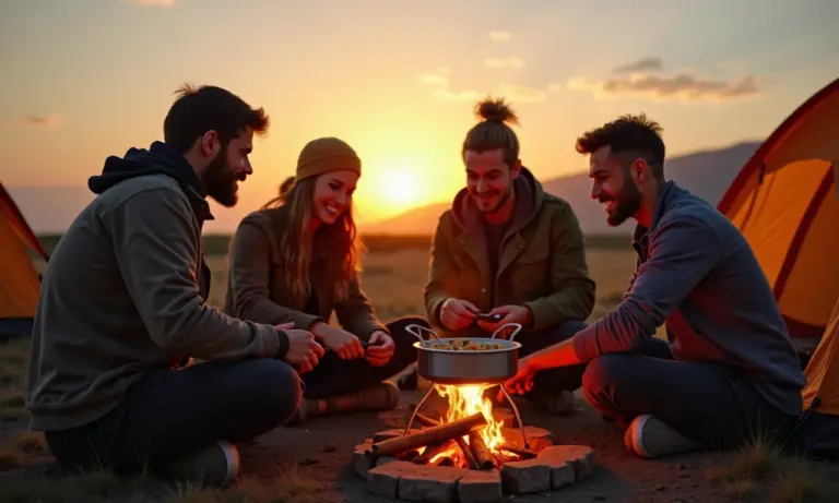 Amigos acampando ao pôr do sol, utilizando fogareiro moderno para preparar comida.