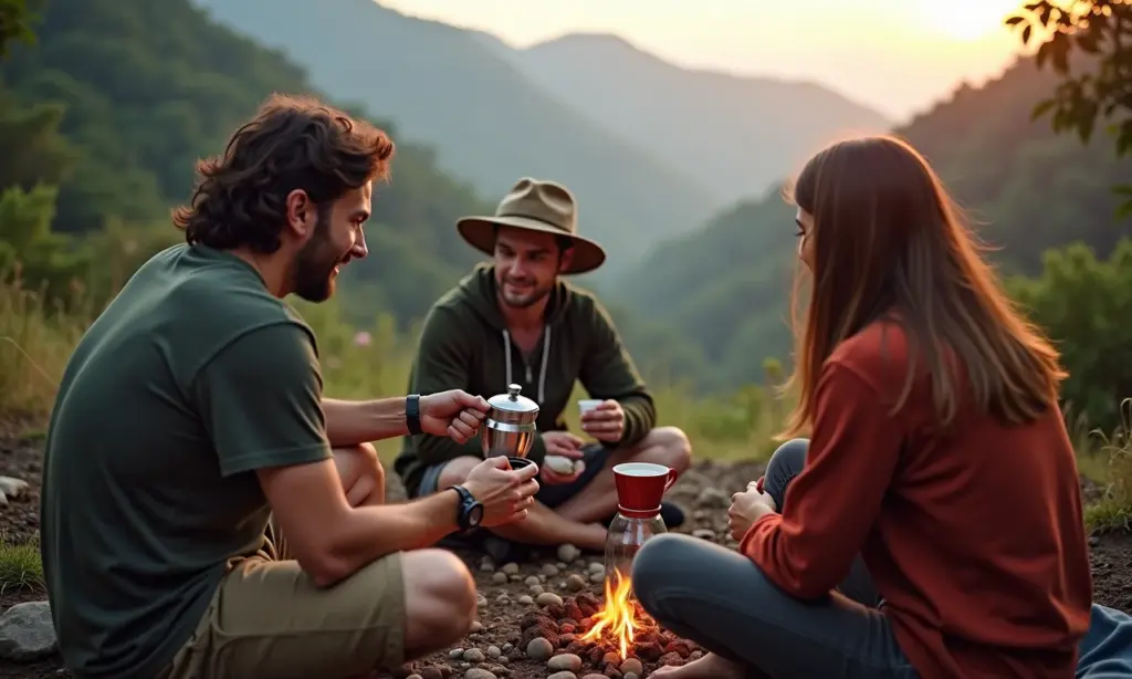 Amigos acampando nas montanhas brasileiras preparam café com cafeteira portátil.