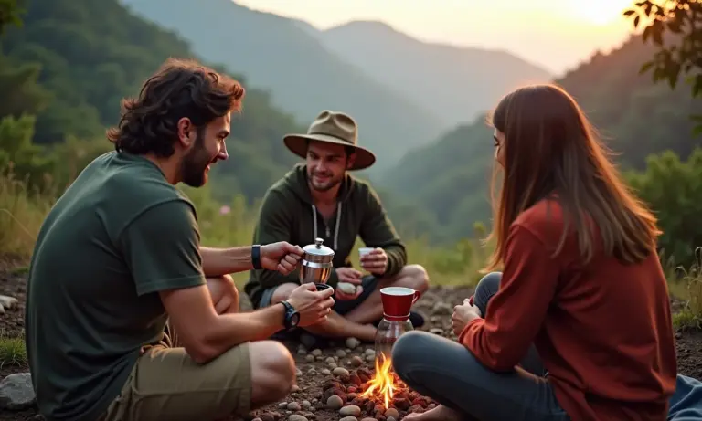 Amigos acampando nas montanhas brasileiras preparam café com cafeteira portátil.