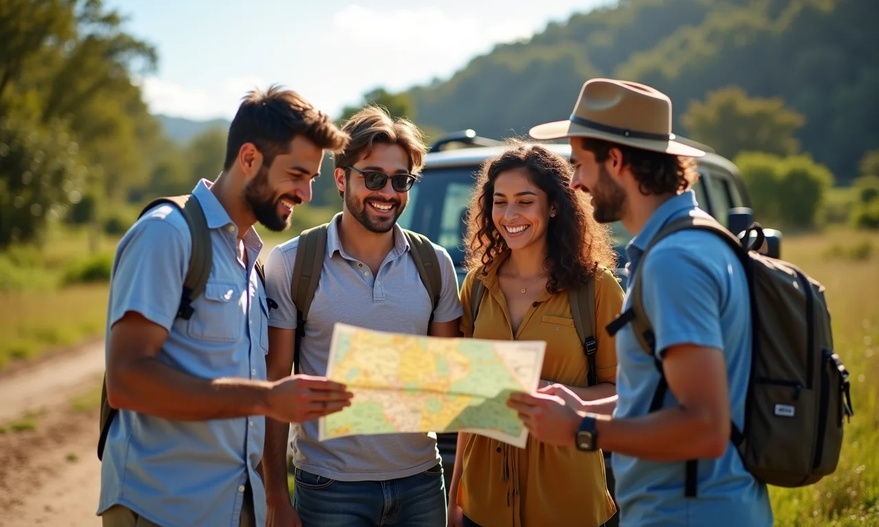 Amigos verificando mapa ao lado de 4x4 em Caconde, discutindo melhor época para trilhas.