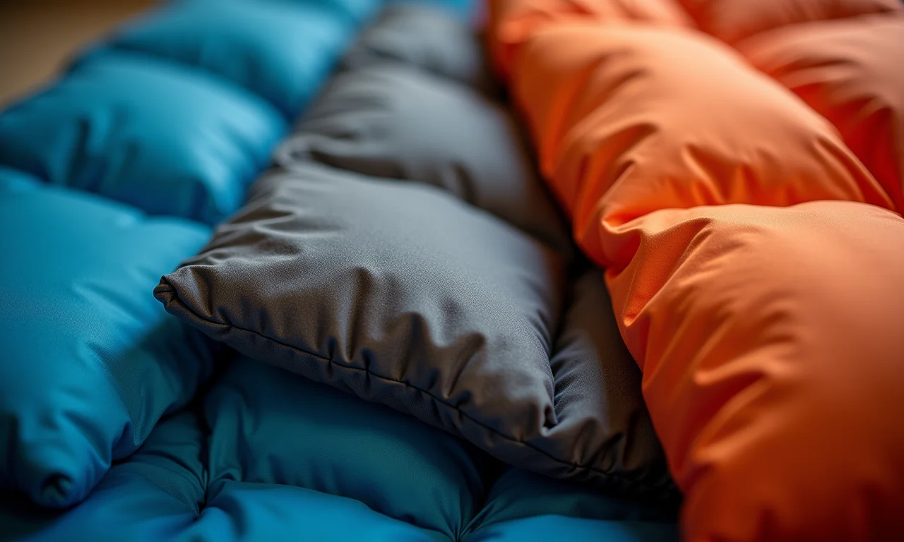 Amostras de tecidos de sacos de dormir de casal: algodão, sintético, pluma.