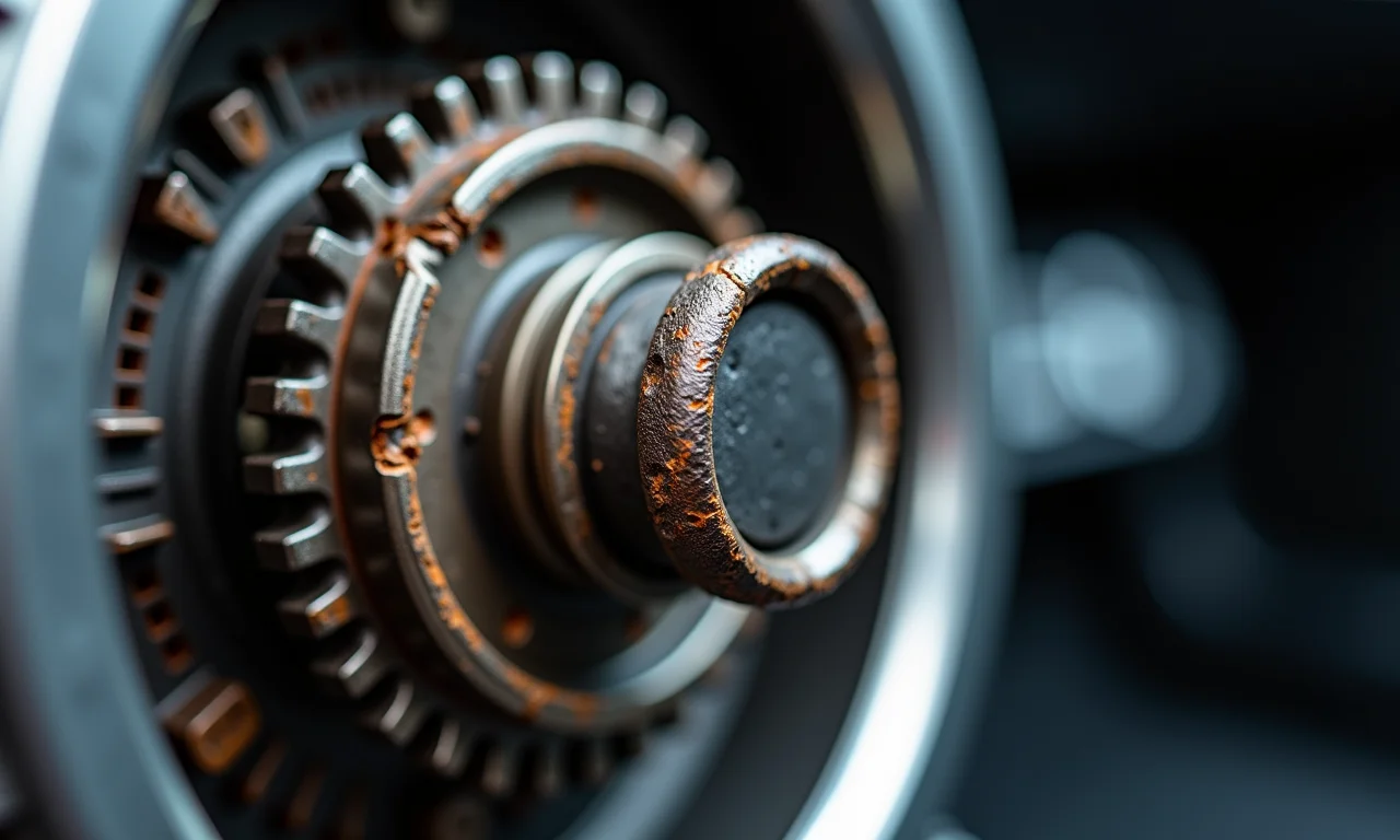 Anéis sincronizadores desgastados de uma transmissão manual.