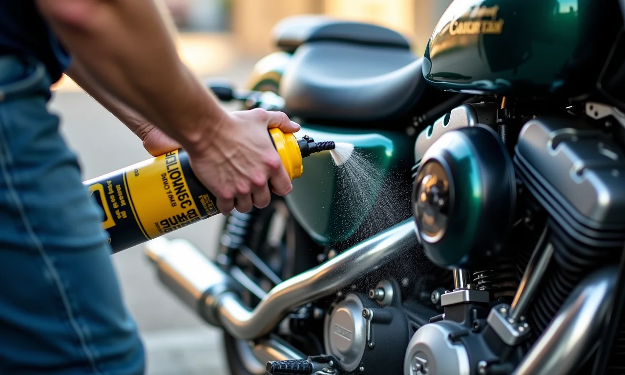 Aplicando desengraxante nas áreas críticas da moto.