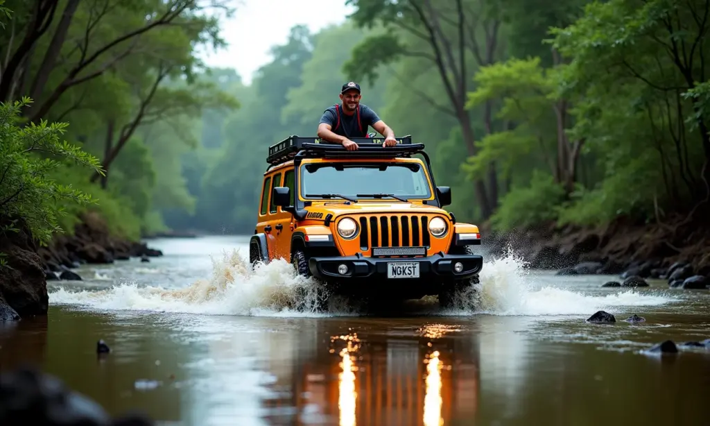 Aventura 4x4 em Bonito MS cruzando rio cristalino.