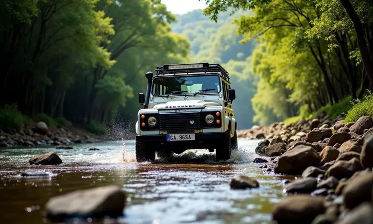 Aventura 4x4 na Garganta do Diabo, Santa Catarina. Jipe atravessando rio com pedras.