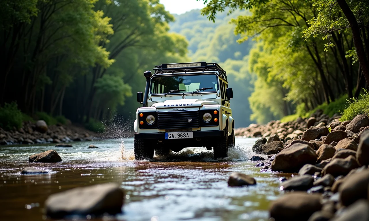 Aventura 4x4 na Garganta do Diabo, Santa Catarina. Jipe atravessando rio com pedras.