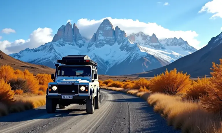 Aventura 4x4 na Patagônia em março: Land Rover atravessando montanhas nevadas.