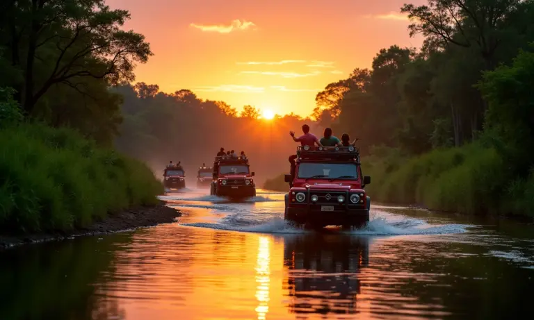 Aventura 4x4 na Serra do Amolar, Pantanal: veículos atravessando rio ao pôr do sol.