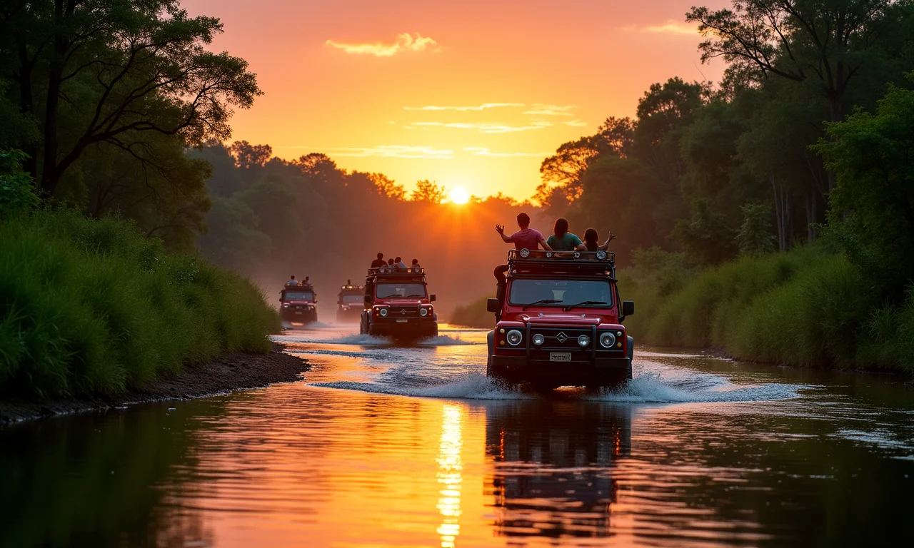 Aventura 4x4 na Serra do Amolar, Pantanal: veículos atravessando rio ao pôr do sol.