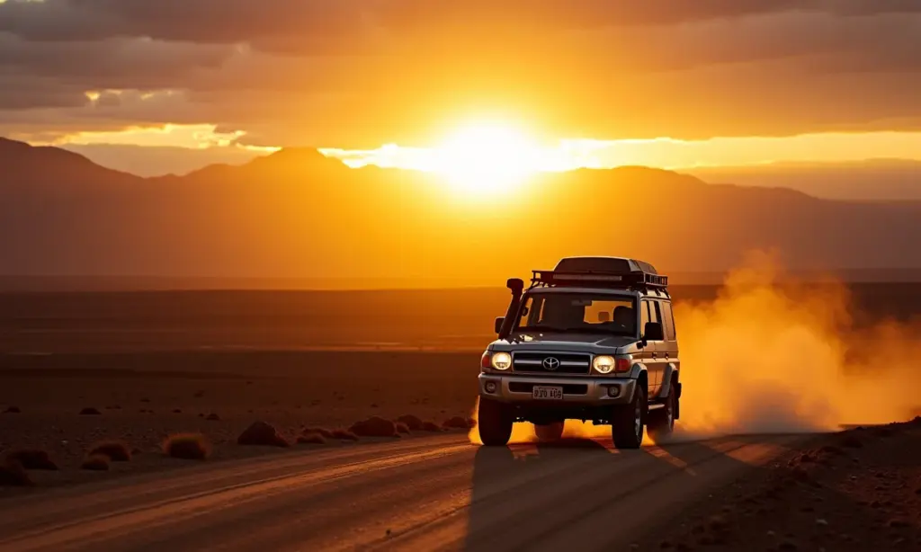 Aventura 4x4 no deserto do Atacama ao pôr do sol.