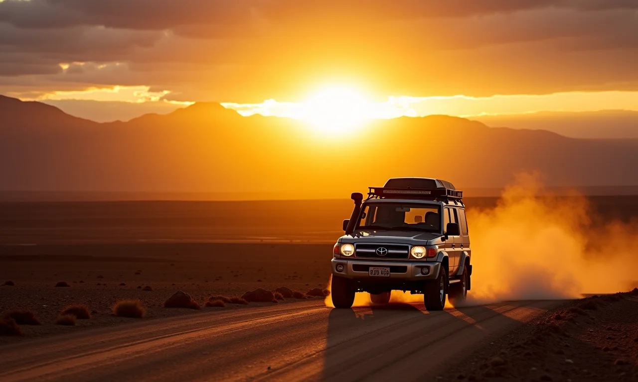 Aventura 4x4 no deserto do Atacama ao pôr do sol.