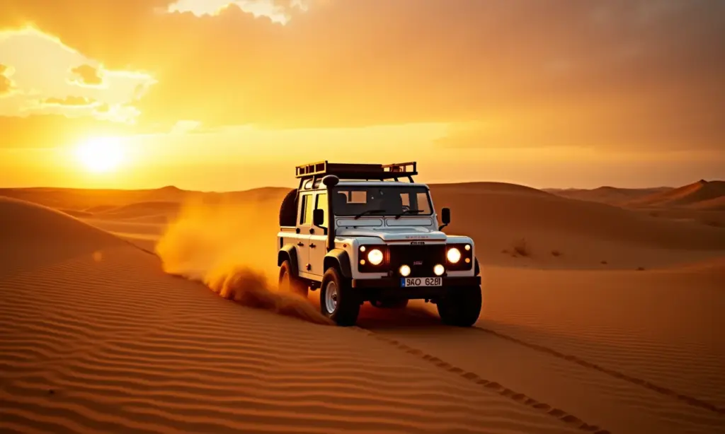 Aventura 4x4 no Jalapão com dunas douradas e pôr do sol vibrante.