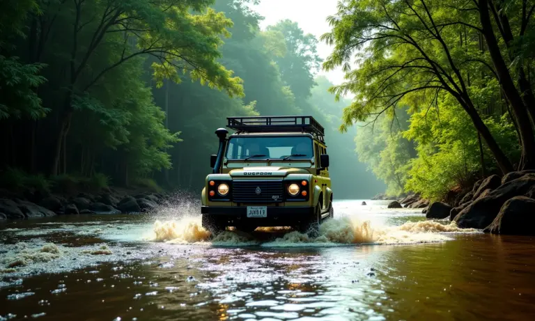 Aventura off-road na Amazônia com veículo 4x4 cruzando rio.