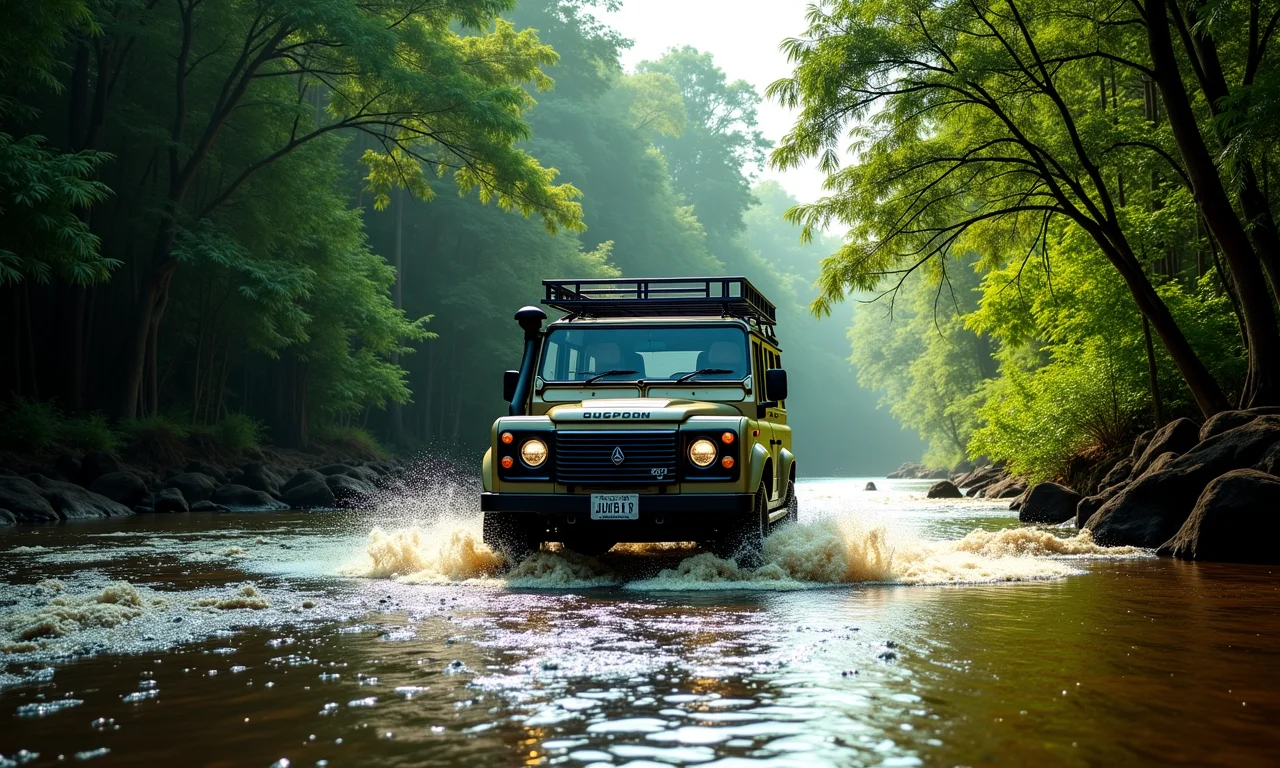 Aventura off-road na Amazônia com veículo 4x4 cruzando rio.