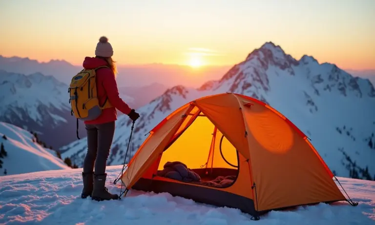 Aventureira montando barraca 4 estações na montanha.
