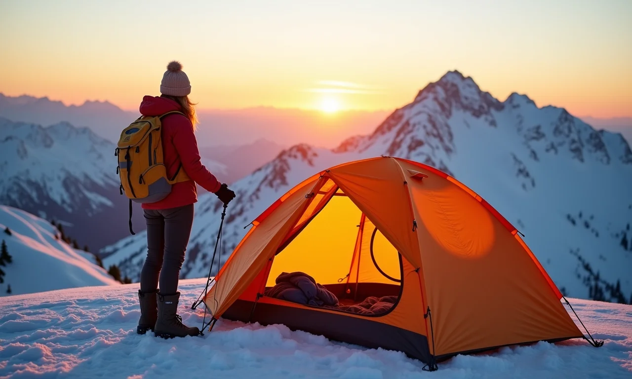 Aventureira montando barraca 4 estações na montanha.