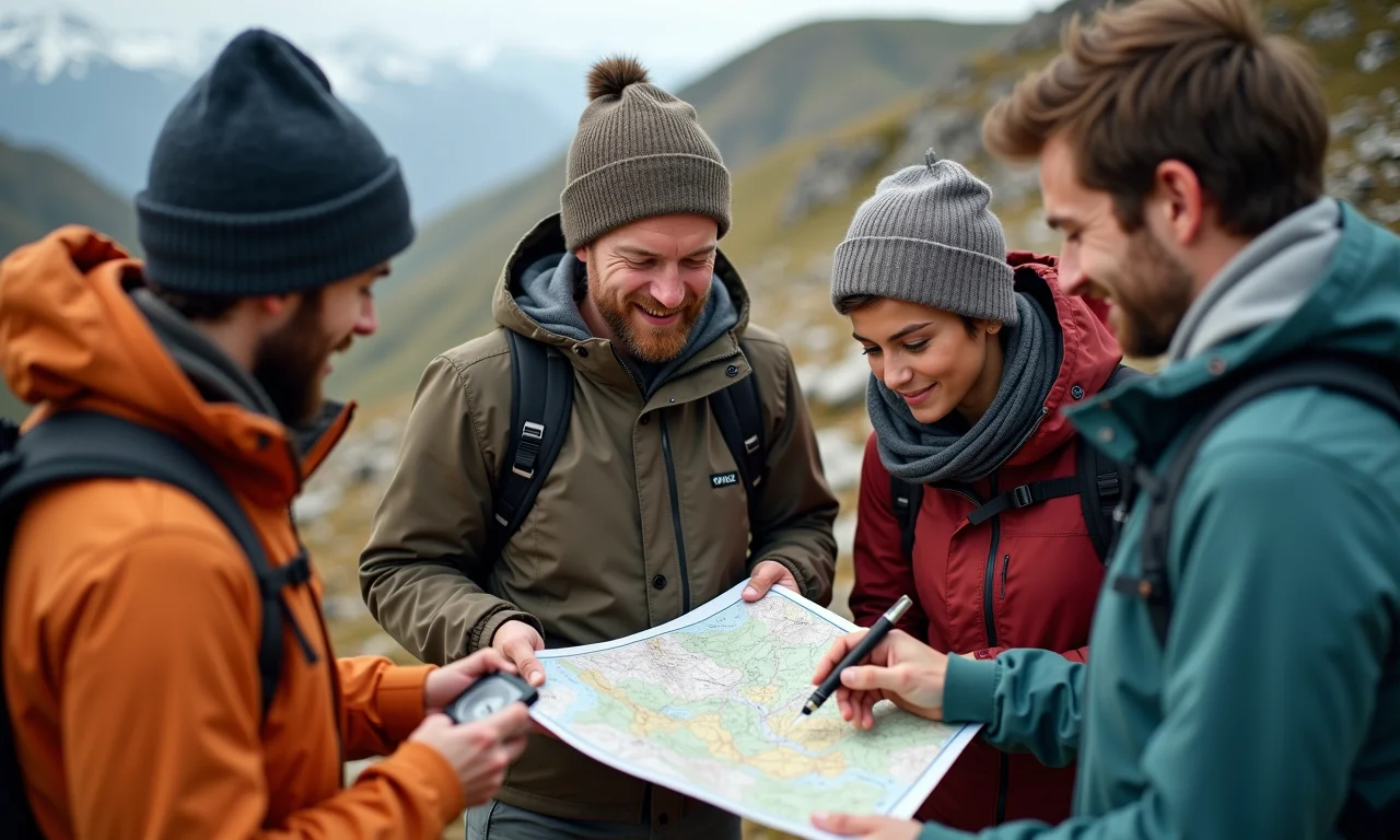 Aventureiros utilizando mapa e bússola para navegação na Serra do Roncador.