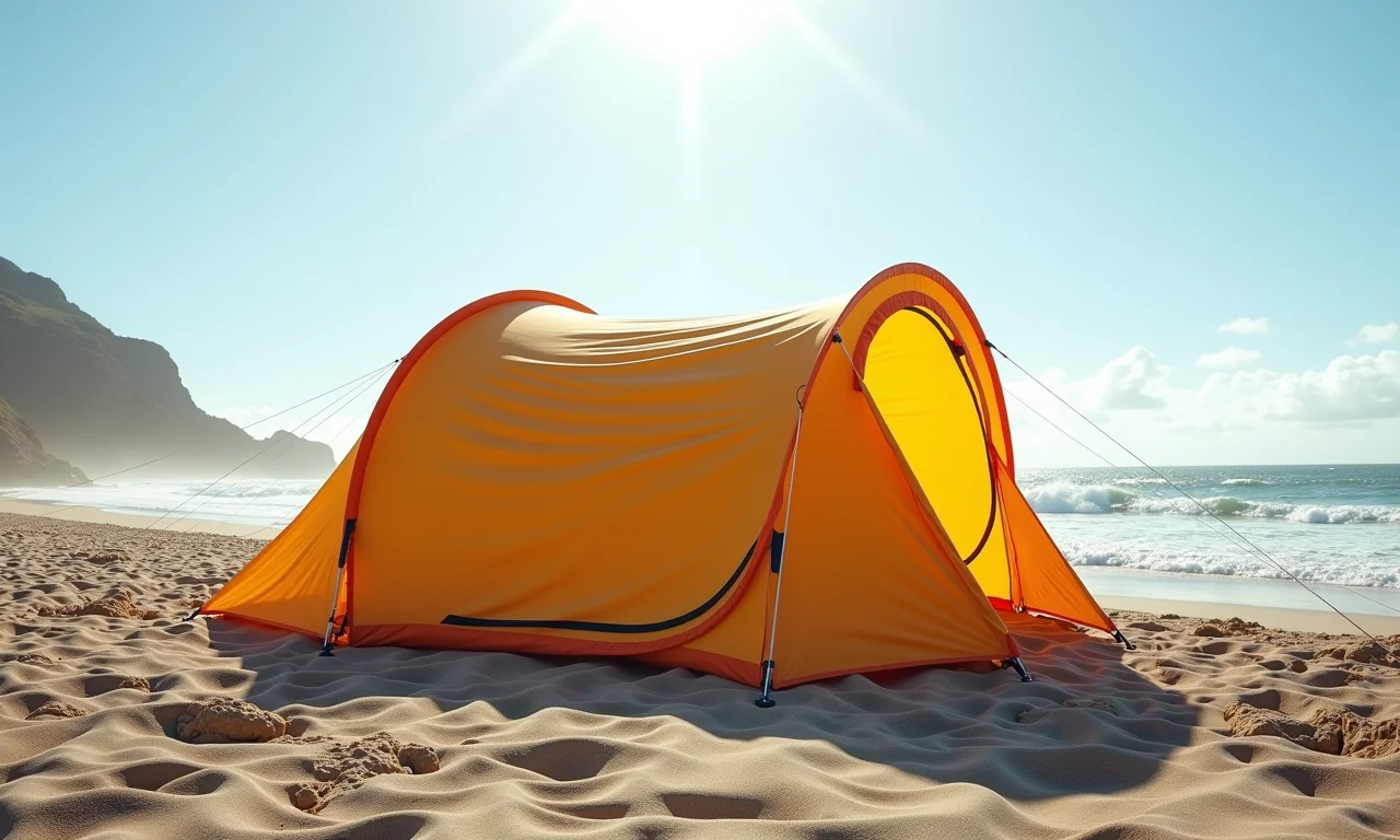 Barraca aerodinâmica resistindo a ventos fortes em praia brasileira.