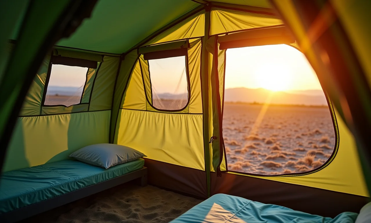 Barraca de camping com janelas e aberturas, mostrando ventilação eficiente.