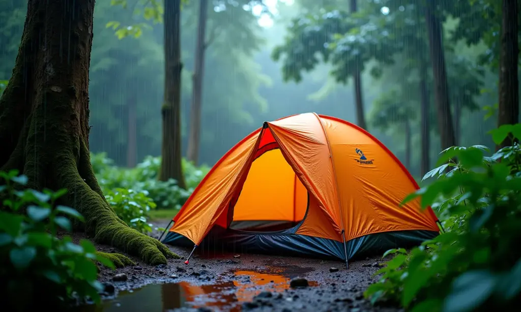 Barraca de camping resistente à chuva forte em meio à natureza exuberante.