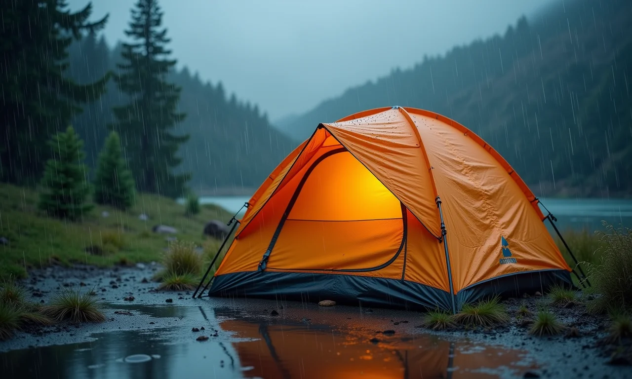 Barraca de camping resistindo à chuva forte, demonstrando impermeabilidade.
