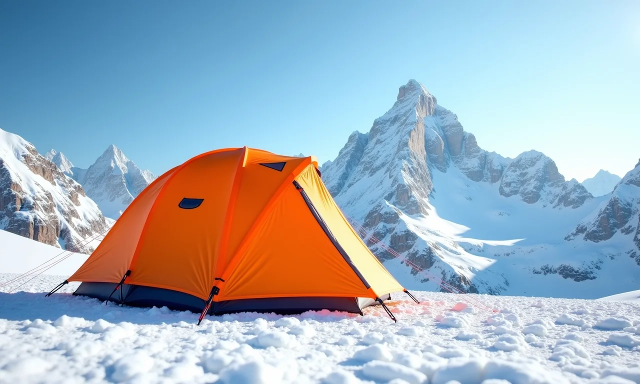 Barraca de expedição laranja em alta montanha coberta de neve.