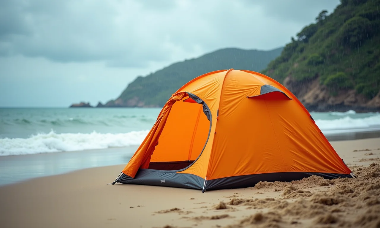 Barraca de praia impermeável e ventilada sob chuva leve na praia.