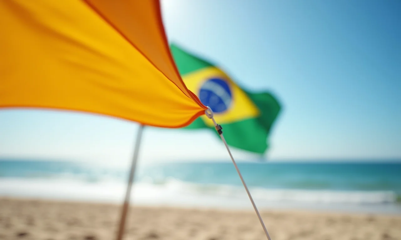 Barraca de praia resistente a ventos fortes com a bandeira do Brasil ao fundo.