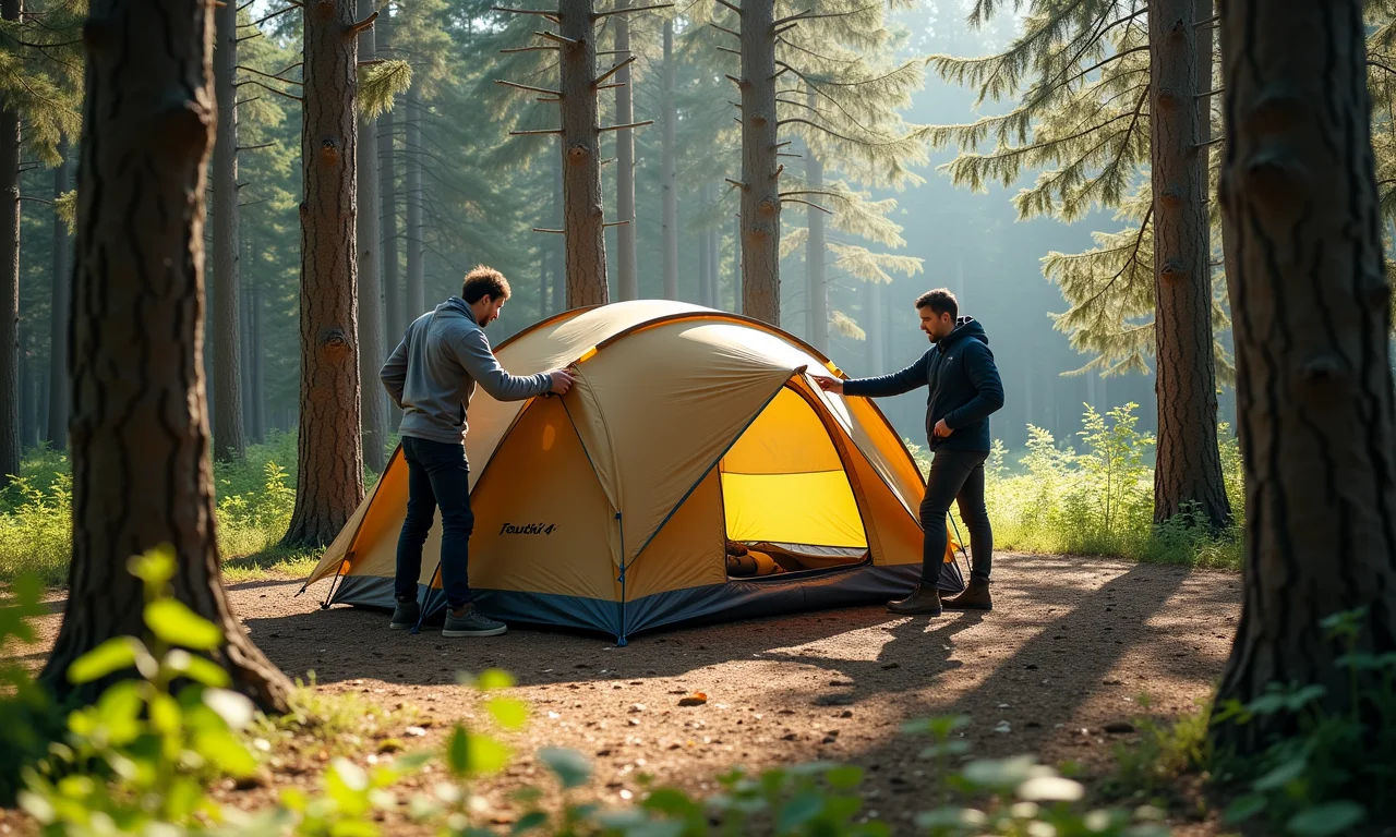 Barraca Nautika Falcon 4 montada em uma clareira na floresta, com dois adultos.