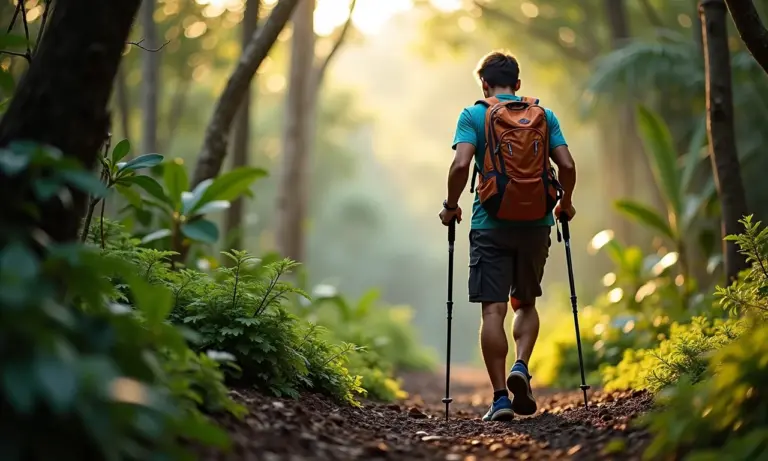 Bastões de caminhada em uso na floresta, modelos de fibra de carbono e alumínio.