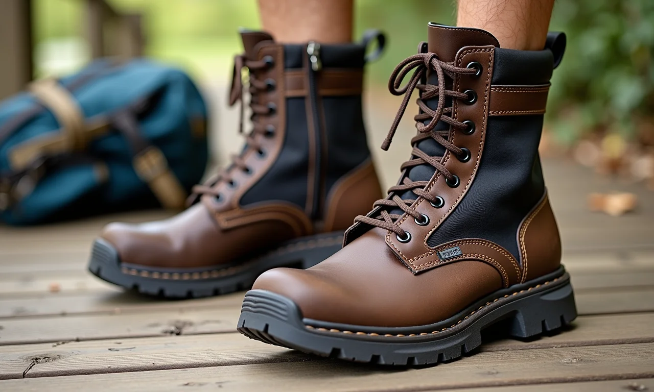 Bota Bull Terrier Attack Low em deck de madeira com equipamentos de trilha.